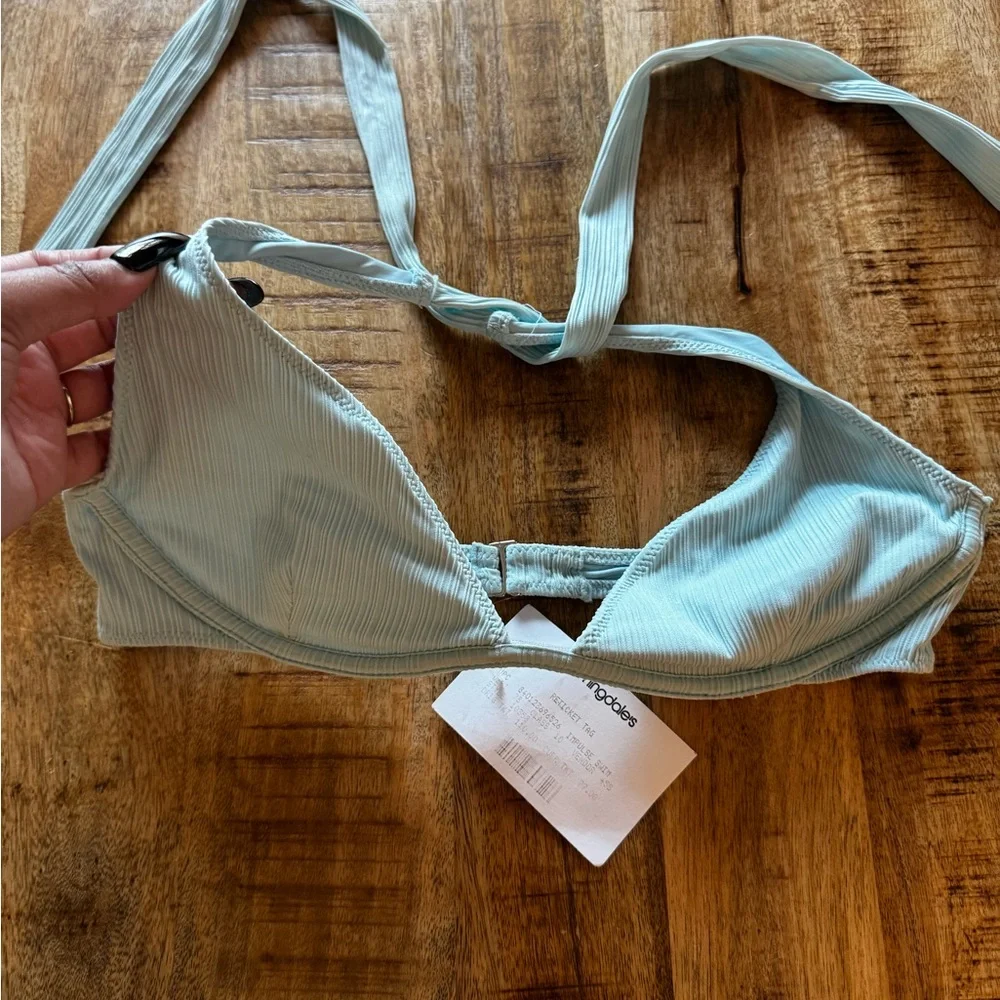 Frankie’s bikinis Light Blue Ribbed bikini bra top medium NWT underwire halter